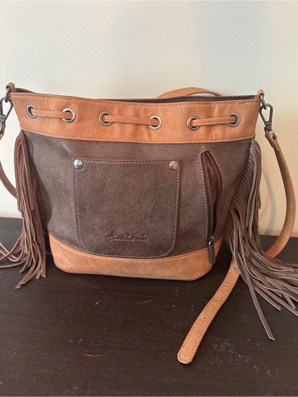 Montana West Brown and Tan Suede Fringe Shoulder Bag with Turquoise Embroidery - Picture 3 of 8